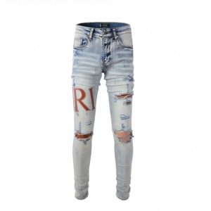 #840 amiri brown leather letters jeans blue