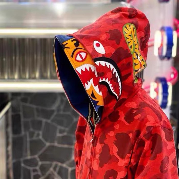 Bape Shark & Tiger Double Hood Red Camo Hoodie