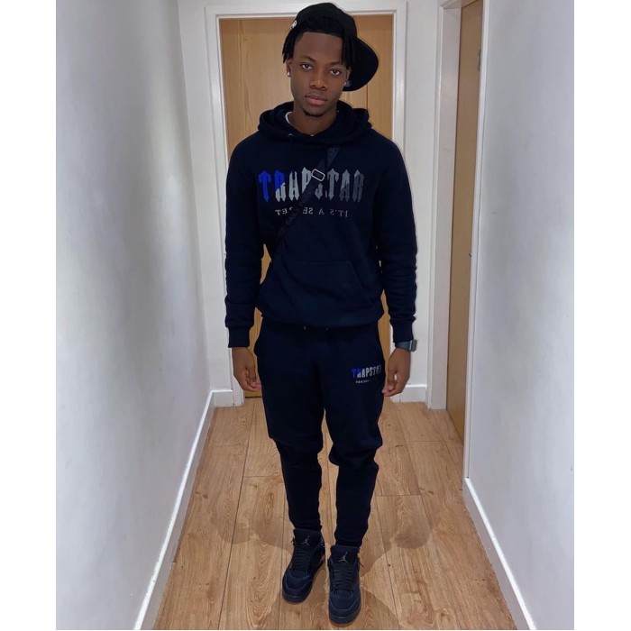 Trapstar London Towel Embroidered Hoodie & Pants Tracksuit (Blue Black Gray Logo)