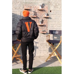 Vlone Embroidered Back Big V Logo Puffer Down Jacket (Blue/Orange/Grey)